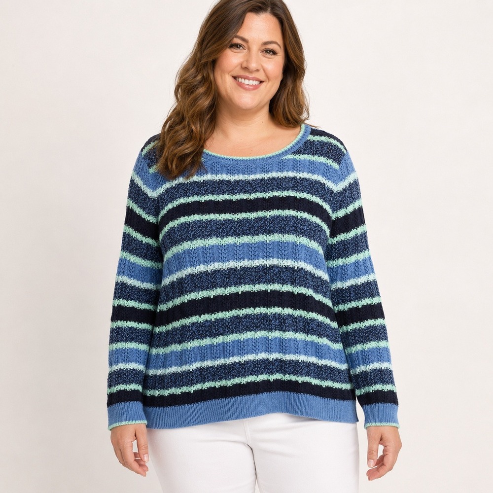 Talbots Woman Women's 2X Blue Navy Mint Striped Cotton Open Knit Sweater